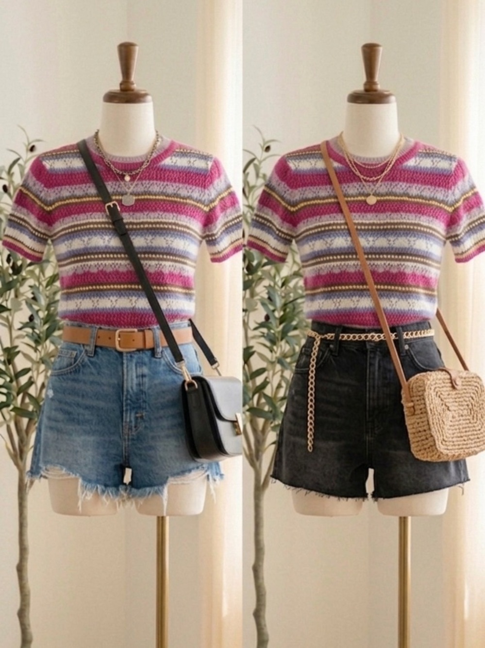 Striped Open-Knit Short Sleeve Sweater Top - Multi Pink/White/Blue